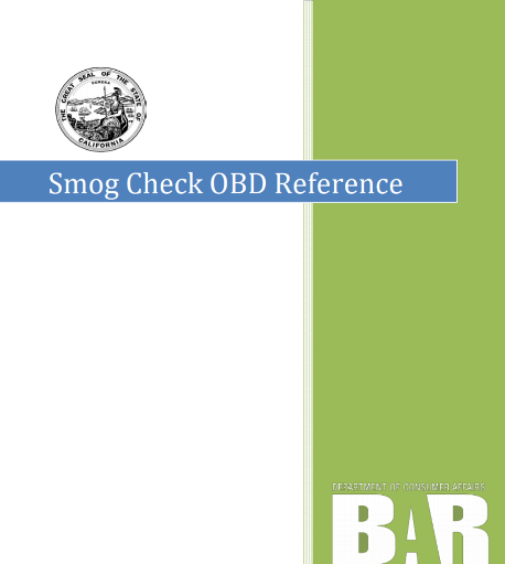 A green and white cover of the smog check obd reference.