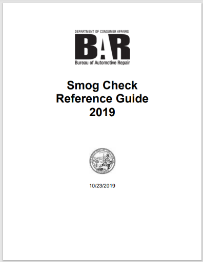 A cover of the 2 0 1 9 smog check reference guide.